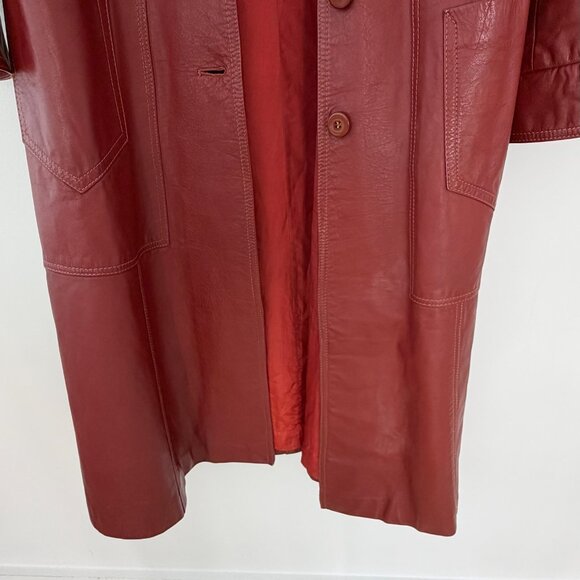 deep red leather trench coat S - Picture 9 of 11